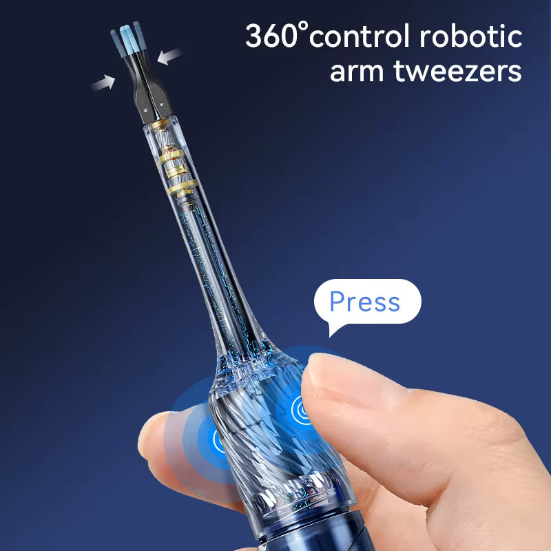 360-degree control robotic arm tweezers held in a hand with a blue background